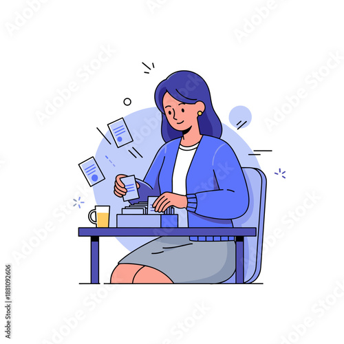 Caucasian female adult, office work, desk, sorting papers, blue jacket, coffee mug