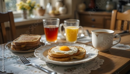 Traditional breakfast with eggs, toast, and tea, cozy home kitchen, soft shadows