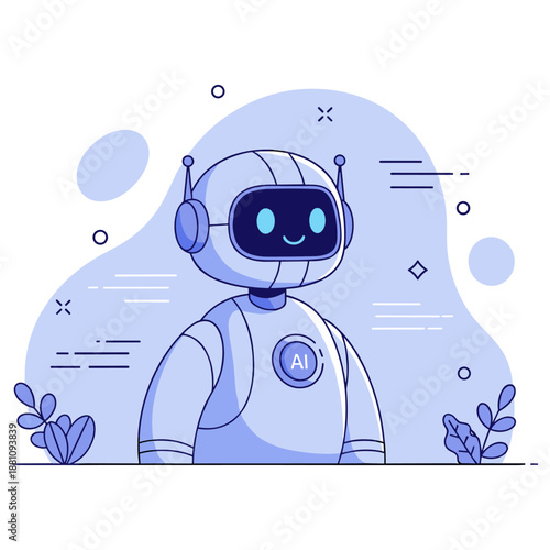 Smiling ai robot with antennae in blue tones and decorative background