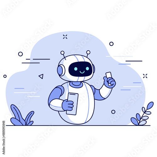 Cute cartoon robot holding device in futuristic landscape