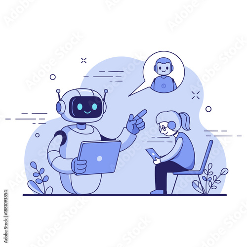 Robot tutoring young asian female student with tablet in a digital classroom