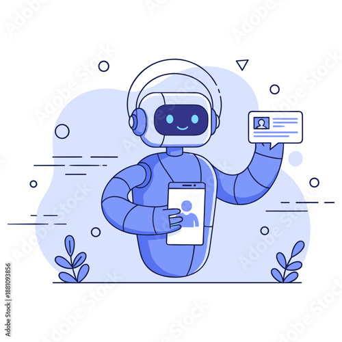 Friendly blue robot holding id card and smartphone with headphones