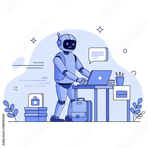 Friendly robot working on laptop in modern office setting with futuristic design