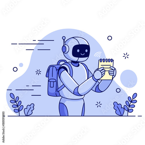 Friendly robot taking notes outdoors in blue digital artwork