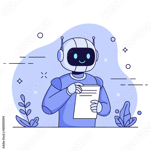 Friendly cartoon robot holding document in nature-inspired blue background