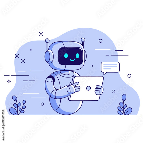 Cute friendly robot interacting with digital tablet in minimalist blue background scene