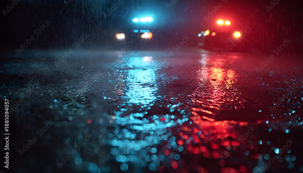Obraz premium Flashing red and blue police lights reflecting on wet asphalt with rain ripples in a cinematic night loop, illustrating crime scene and emergency concepts