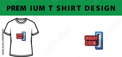 White T-Shirt Mockup with Retro Insert Coin Slot Graphic Design isolated on Transparent Background