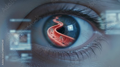 Nanotech medicine technology concept showing microscopic robots and cells inside blood vessel reflected human eye with futuristic interface and virus