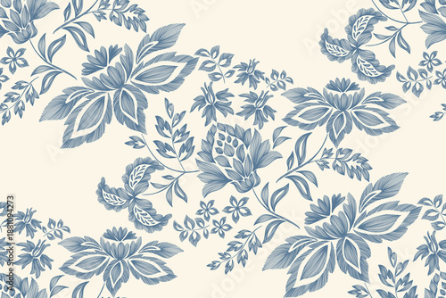 Vintage floral ethnic tapestry modern embroidery texture boho design vector illustration hand drawn silhouette indigo blue flower motif branches leaves wallpaper seamless background border.