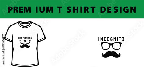 White T-Shirt Mockup with Black Incognito Glasses and Mustache Graphic isolated on Transparent Background