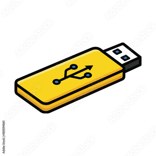 Yellow USB Flash Drive Tech Icon in Flat Vector Style.