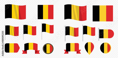 Collection of Belgian flags in various shapes and forms, including waving, on poles, and as badges.
