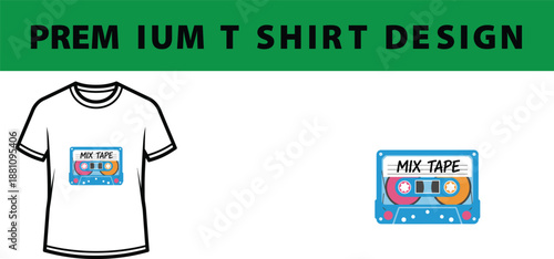 White T-Shirt Mockup with Blue Mix Tape Cassette Design isolated on Transparent Background