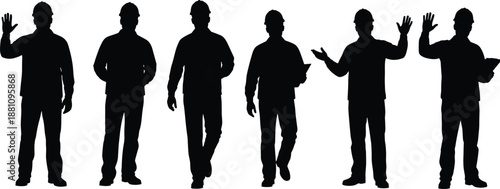 Black silhouette of male construction workers wearing hard hats and safety gear for engineering site management industrial labor and professional building