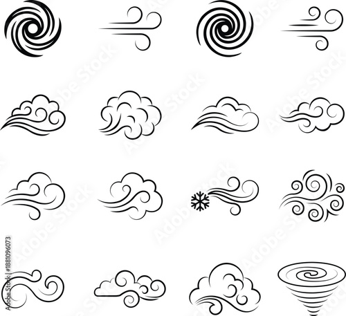 Wind swirl and cloud line icon set vector, Outline wind motion symbols with clouds vector set