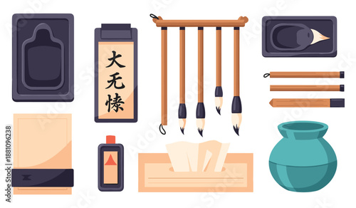 Traditional asian calligraphy tools and art supplies illustration