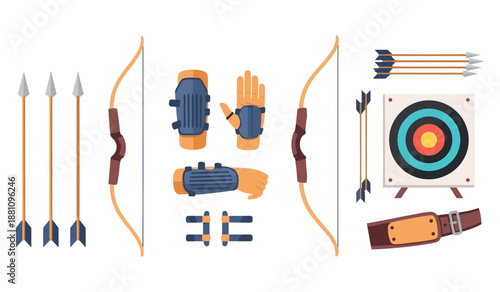 Archery equipment set with bow, arrows, target, and protective gear