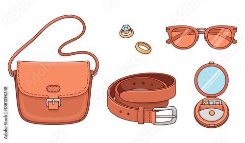 Fashion accessories set: handbag, sunglasses, belt, and jewelry