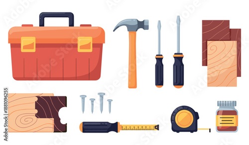 Toolbox and hand tools collection with hammer, screwdrivers, and measuring tape