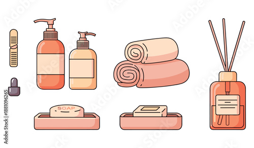 Bathroom essentials: shampoo, soap, towels, and aromatic diffuser set