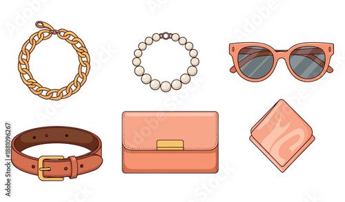 Stylish fashion accessories collection featuring necklace, bracelet, sunglasses, belt, clutch, scarf