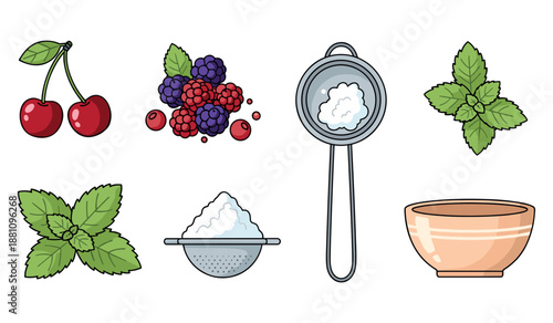 Cherries, berries, sieve, mint leaves, sugar, and bowl illustration