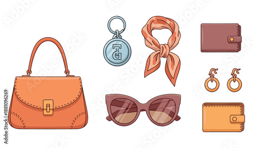 Assorted fashion accessories: handbag, sunglasses, scarf, wallets, earrings, keychain