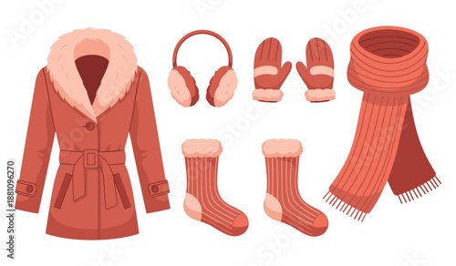 Warm winter apparel set: coat, gloves, scarf, socks, and earmuffs