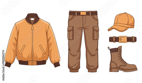 Casual outdoor clothing set featuring jacket, cargo pants, boots, belt, and hat
