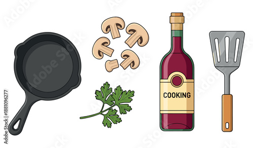 Cooking ingredients with skillet, wine, mushrooms, spatula, and parsley