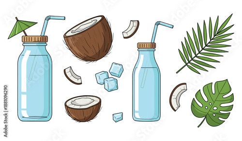 Refreshing coconut water drinks with ice and tropical leaves