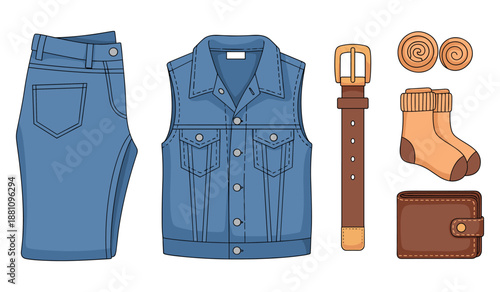 Denim jeans vest with accessories including belt, wallet, socks, and earrings