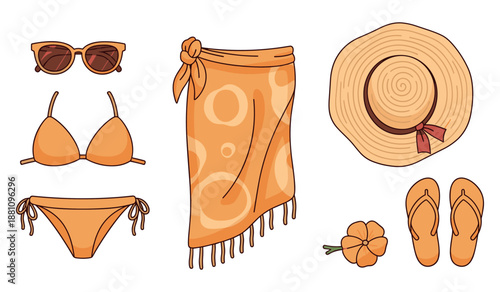 Summer beach essentials: bikini, sunglasses, towel, hat, flip-flops, hibiscus