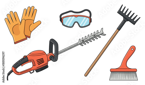 Gardening tools set with hedge trimmer, rake, broom, gloves, and safety goggles