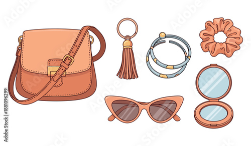 Trendy women's accessories set with handbag, sunglasses, and jewelry