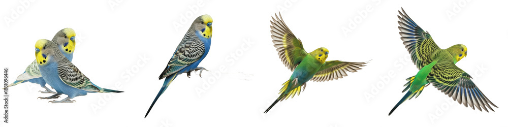 Obraz premium Budgerigar Parakeet Bird Set Isolated on White Background, Melopsittacus Undulatus in Flight and Perching Poses, Colorful Blue and Green Pet Birds, Transparent PNG Clipart Pack