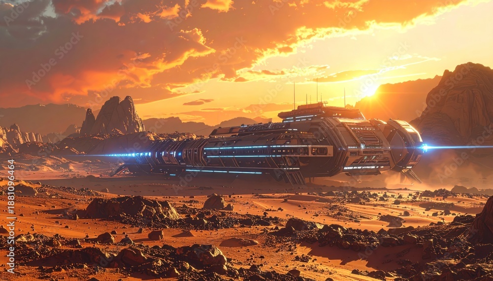 custom made wallpaper toronto digitalFuturistic Spaceship on a Desert Planet at Sunset.