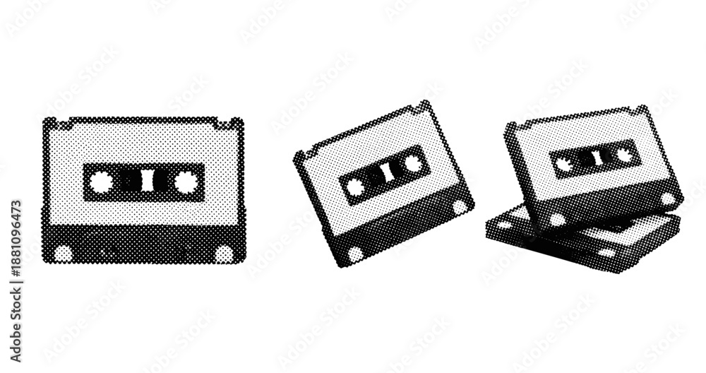 Fototapeta premium Retro black and white cassette tape collection in halftone style