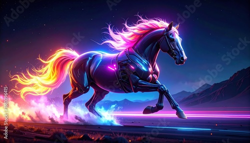 Wallpaper Mural Neon Horse Galloping Through a Futuristic Landscape at Night. Torontodigital.ca
