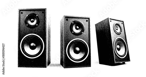 Vintage audio speakers: black and white halftone design of three speakers