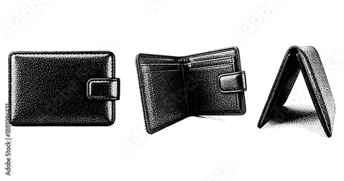 Black leather wallet with snap closure in various positions