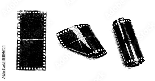 Black and white halftone image of vintage film strips and roll