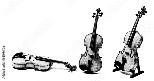 Monochrome study of three violins in various positions