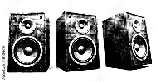 Retro style halftone illustration of three vintage audio speakers