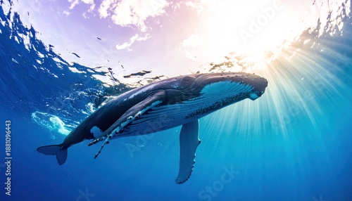 Wallpaper Mural Majestic Humpback Whale Swimming Gracefully in the Ocean Sunlight. Torontodigital.ca