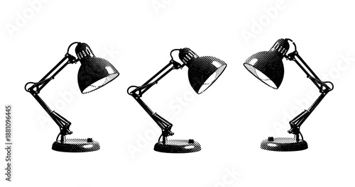 Three classic adjustable desk lamps in black and white pop art style