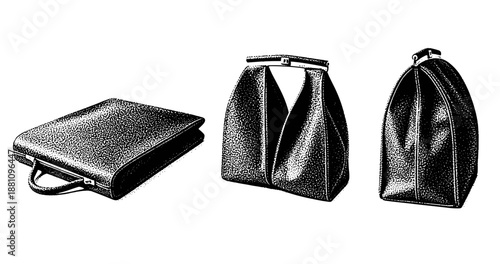 Three styles of leather bags: briefcase, tote, and backpack in black and white design