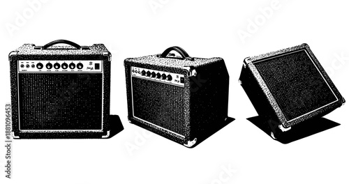 Vintage guitar amplifiers trio in black and white graphic art