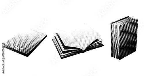 Black and white halftone illustration of closed, open, and upright books